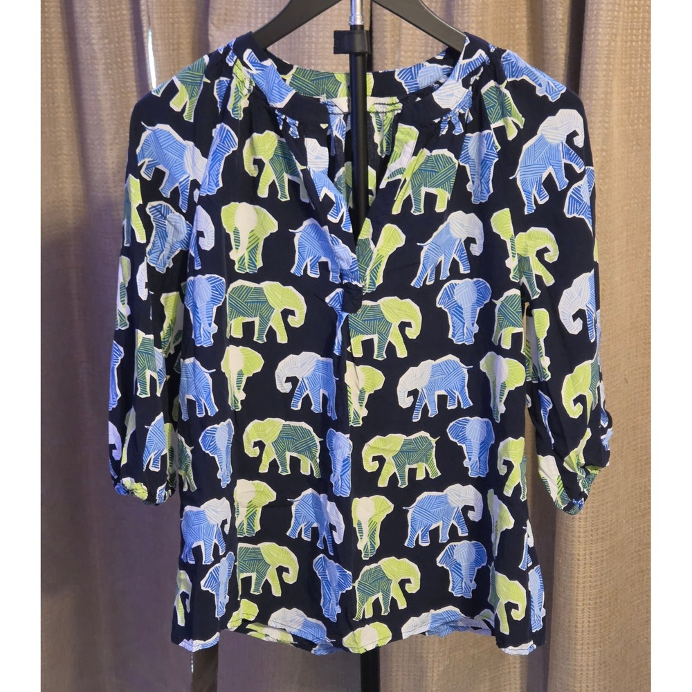 Crown & Ivy V-Neck Pullover Blouse Women's Size Small Blue Green Elephant Print